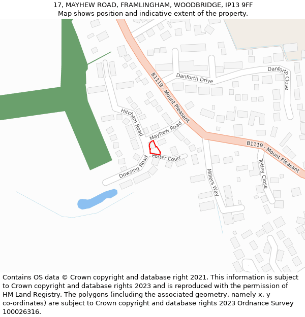 17, MAYHEW ROAD, FRAMLINGHAM, WOODBRIDGE, IP13 9FF: Location map and indicative extent of plot