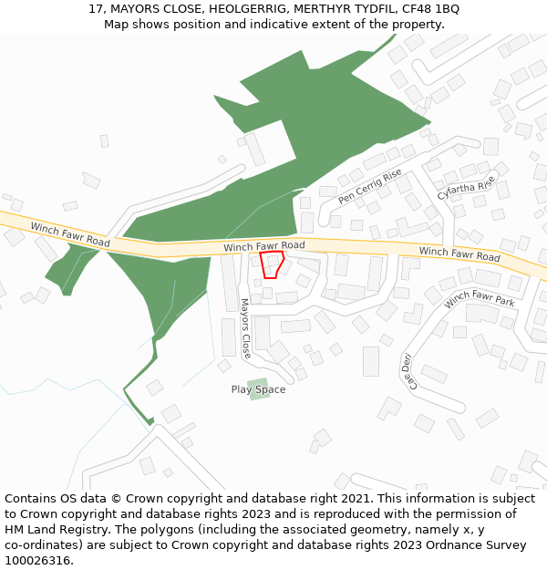 17, MAYORS CLOSE, HEOLGERRIG, MERTHYR TYDFIL, CF48 1BQ: Location map and indicative extent of plot