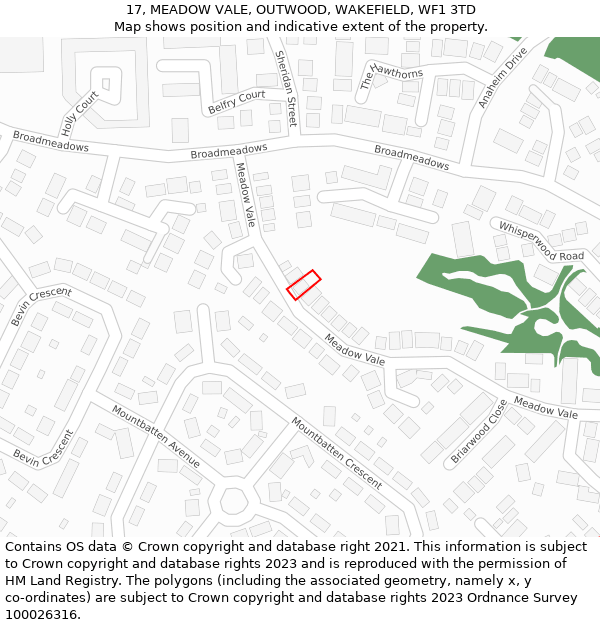 17, MEADOW VALE, OUTWOOD, WAKEFIELD, WF1 3TD: Location map and indicative extent of plot