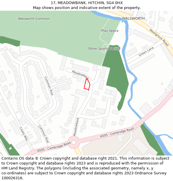 17, MEADOWBANK, HITCHIN, SG4 0HX: Location map and indicative extent of plot