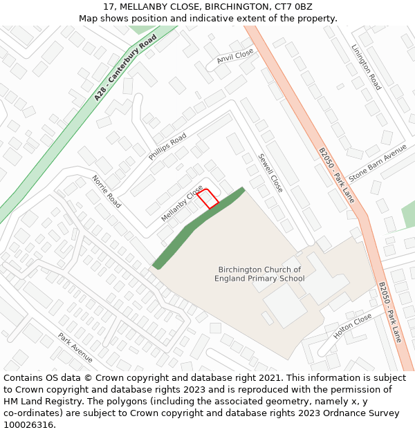 17, MELLANBY CLOSE, BIRCHINGTON, CT7 0BZ: Location map and indicative extent of plot