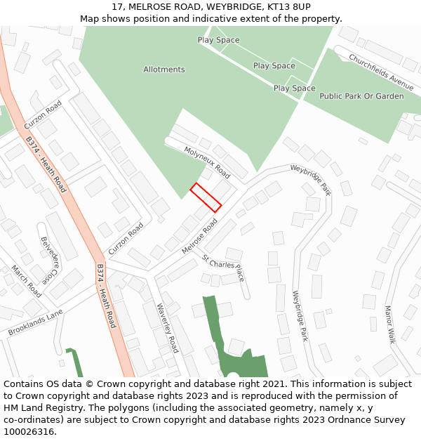 17, MELROSE ROAD, WEYBRIDGE, KT13 8UP: Location map and indicative extent of plot
