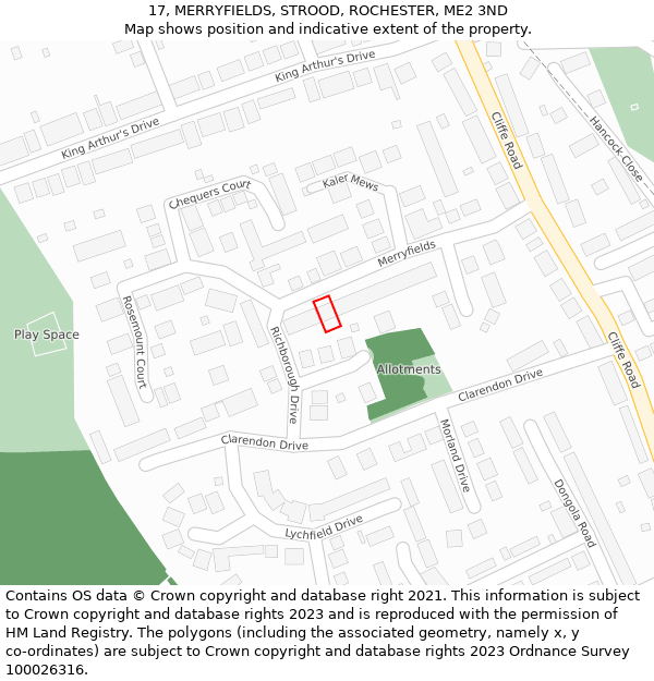 17, MERRYFIELDS, STROOD, ROCHESTER, ME2 3ND: Location map and indicative extent of plot