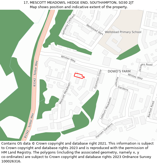 17, MESCOTT MEADOWS, HEDGE END, SOUTHAMPTON, SO30 2JT: Location map and indicative extent of plot