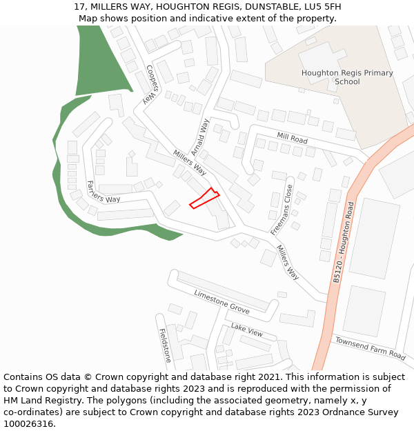 17, MILLERS WAY, HOUGHTON REGIS, DUNSTABLE, LU5 5FH: Location map and indicative extent of plot