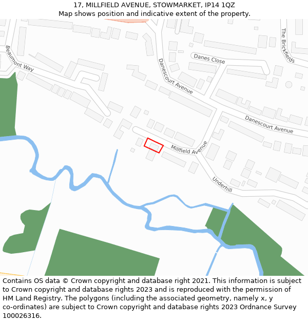 17, MILLFIELD AVENUE, STOWMARKET, IP14 1QZ: Location map and indicative extent of plot