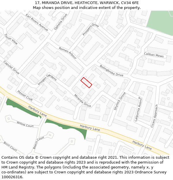 17, MIRANDA DRIVE, HEATHCOTE, WARWICK, CV34 6FE: Location map and indicative extent of plot