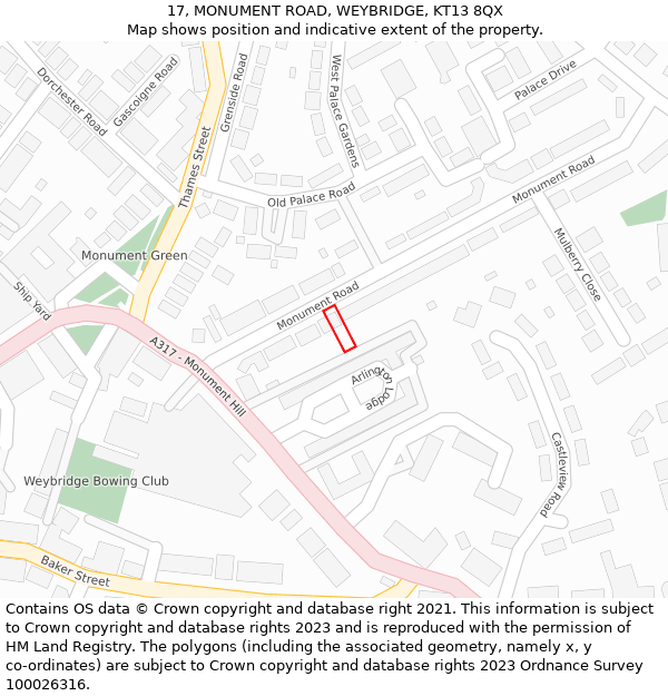 17, MONUMENT ROAD, WEYBRIDGE, KT13 8QX: Location map and indicative extent of plot