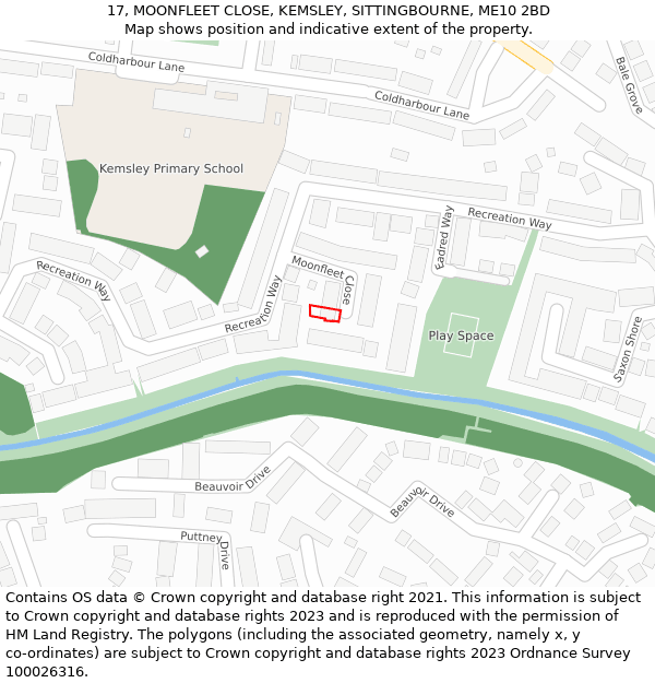 17, MOONFLEET CLOSE, KEMSLEY, SITTINGBOURNE, ME10 2BD: Location map and indicative extent of plot