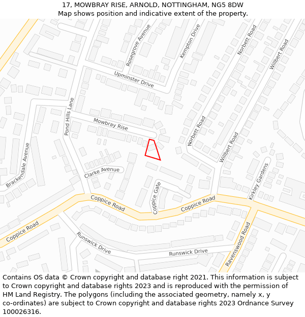 17, MOWBRAY RISE, ARNOLD, NOTTINGHAM, NG5 8DW: Location map and indicative extent of plot