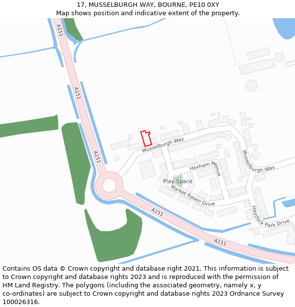 17, MUSSELBURGH WAY, BOURNE, PE10 0XY: Location map and indicative extent of plot