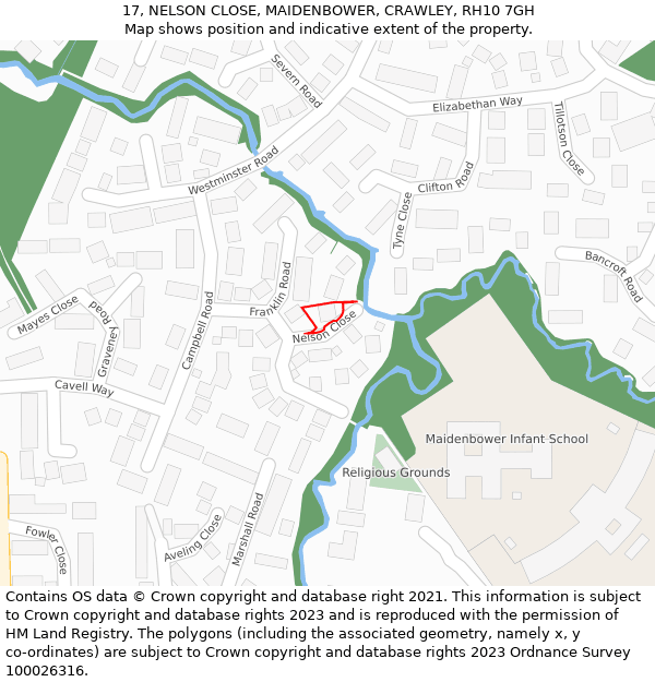 17, NELSON CLOSE, MAIDENBOWER, CRAWLEY, RH10 7GH: Location map and indicative extent of plot
