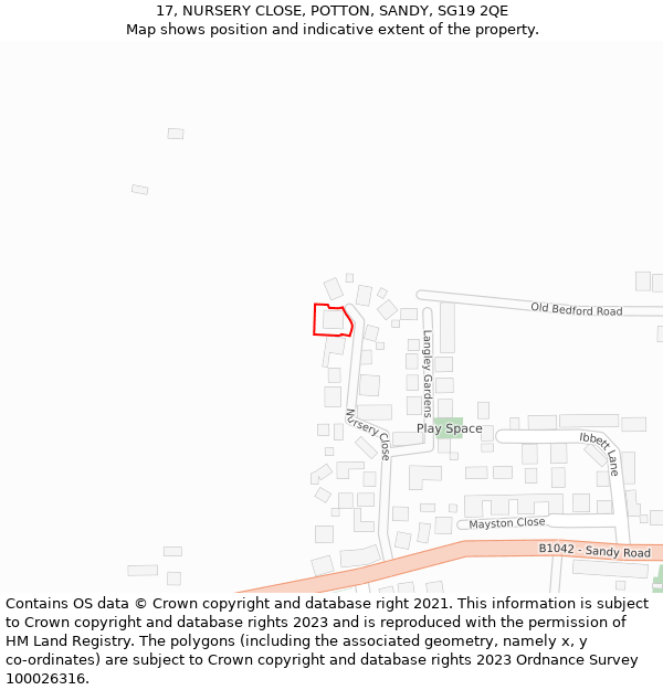 17, NURSERY CLOSE, POTTON, SANDY, SG19 2QE: Location map and indicative extent of plot