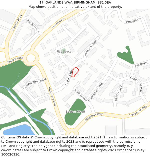 17, OAKLANDS WAY, BIRMINGHAM, B31 5EA: Location map and indicative extent of plot