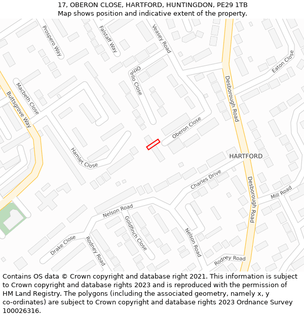 17, OBERON CLOSE, HARTFORD, HUNTINGDON, PE29 1TB: Location map and indicative extent of plot