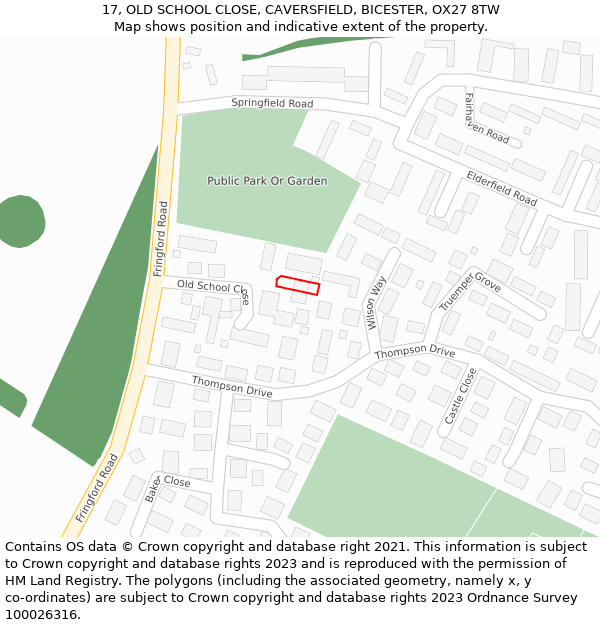 17, OLD SCHOOL CLOSE, CAVERSFIELD, BICESTER, OX27 8TW: Location map and indicative extent of plot