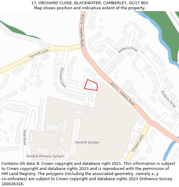 17, ORCHARD CLOSE, BLACKWATER, CAMBERLEY, GU17 9EX: Location map and indicative extent of plot