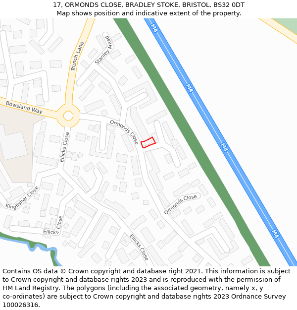 17, ORMONDS CLOSE, BRADLEY STOKE, BRISTOL, BS32 0DT: Location map and indicative extent of plot