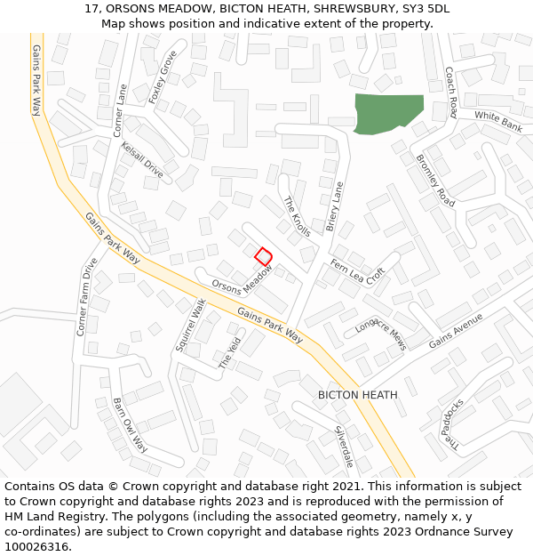 17, ORSONS MEADOW, BICTON HEATH, SHREWSBURY, SY3 5DL: Location map and indicative extent of plot