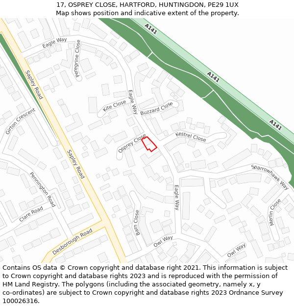 17, OSPREY CLOSE, HARTFORD, HUNTINGDON, PE29 1UX: Location map and indicative extent of plot