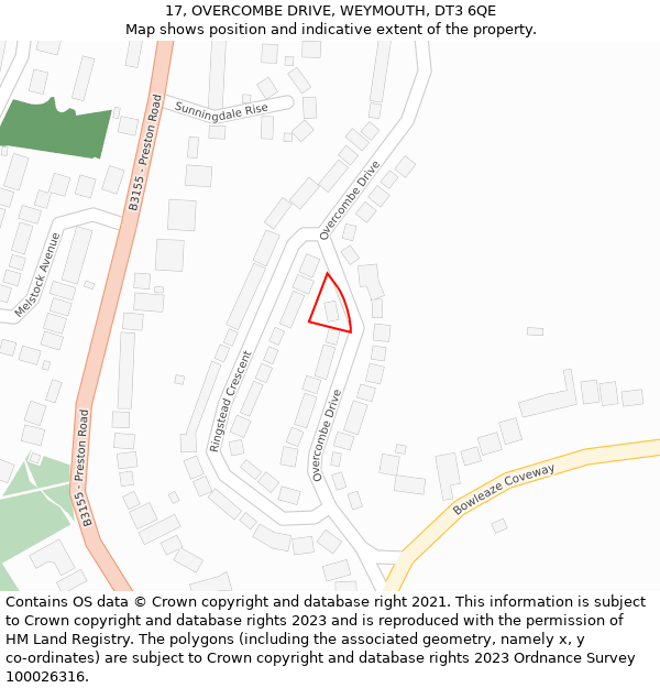 17, OVERCOMBE DRIVE, WEYMOUTH, DT3 6QE: Location map and indicative extent of plot
