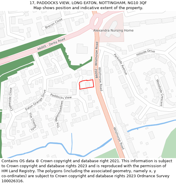 17, PADDOCKS VIEW, LONG EATON, NOTTINGHAM, NG10 3QF: Location map and indicative extent of plot