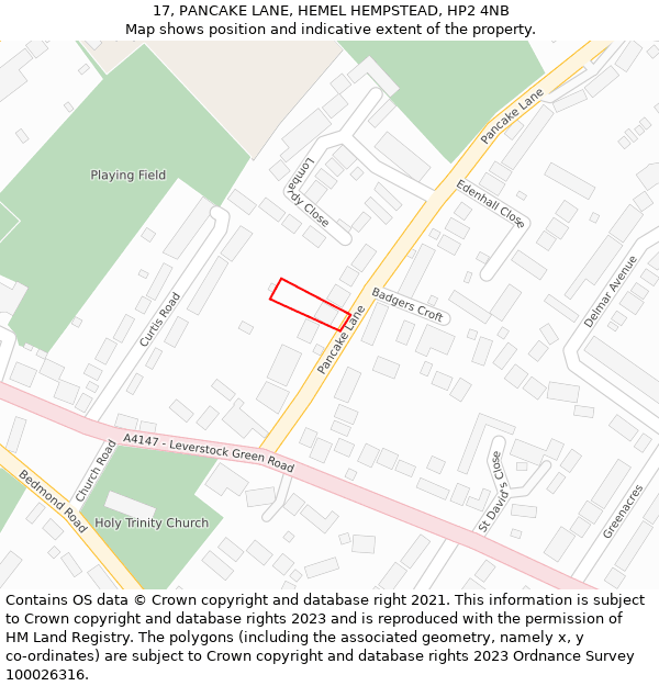17, PANCAKE LANE, HEMEL HEMPSTEAD, HP2 4NB: Location map and indicative extent of plot