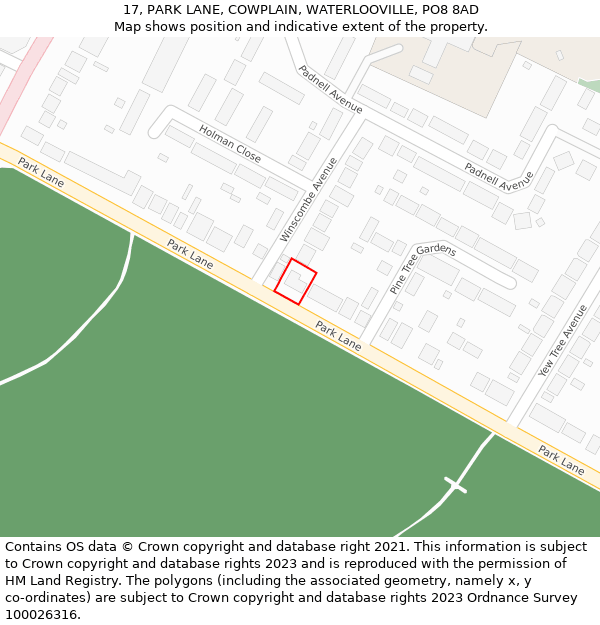 17, PARK LANE, COWPLAIN, WATERLOOVILLE, PO8 8AD: Location map and indicative extent of plot