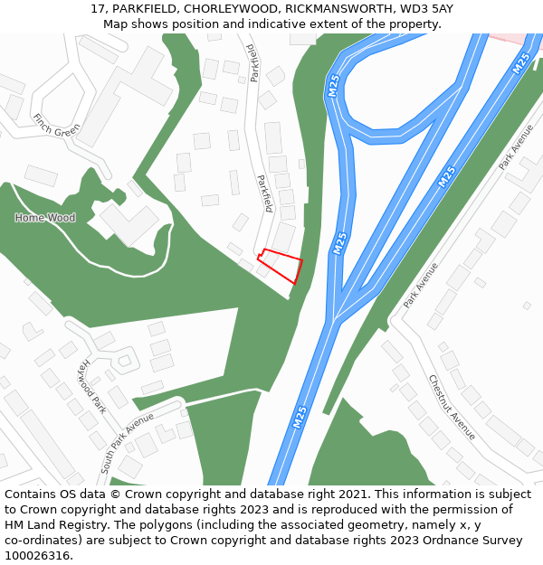 17, PARKFIELD, CHORLEYWOOD, RICKMANSWORTH, WD3 5AY: Location map and indicative extent of plot