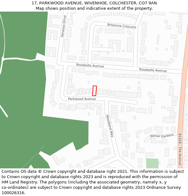 17, PARKWOOD AVENUE, WIVENHOE, COLCHESTER, CO7 9AN: Location map and indicative extent of plot