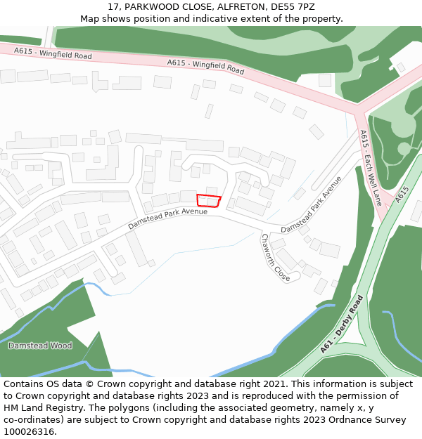 17, PARKWOOD CLOSE, ALFRETON, DE55 7PZ: Location map and indicative extent of plot