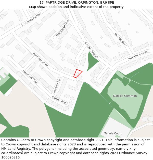 17, PARTRIDGE DRIVE, ORPINGTON, BR6 8PE: Location map and indicative extent of plot