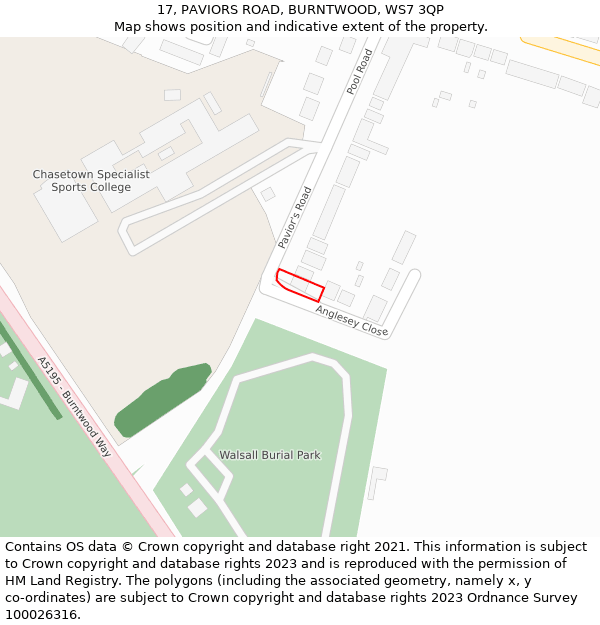 17, PAVIORS ROAD, BURNTWOOD, WS7 3QP: Location map and indicative extent of plot