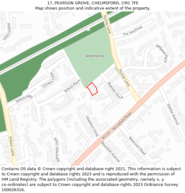 17, PEARSON GROVE, CHELMSFORD, CM1 7FE: Location map and indicative extent of plot