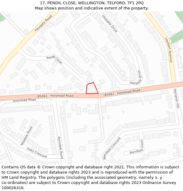 17, PENDIL CLOSE, WELLINGTON, TELFORD, TF1 2PQ: Location map and indicative extent of plot