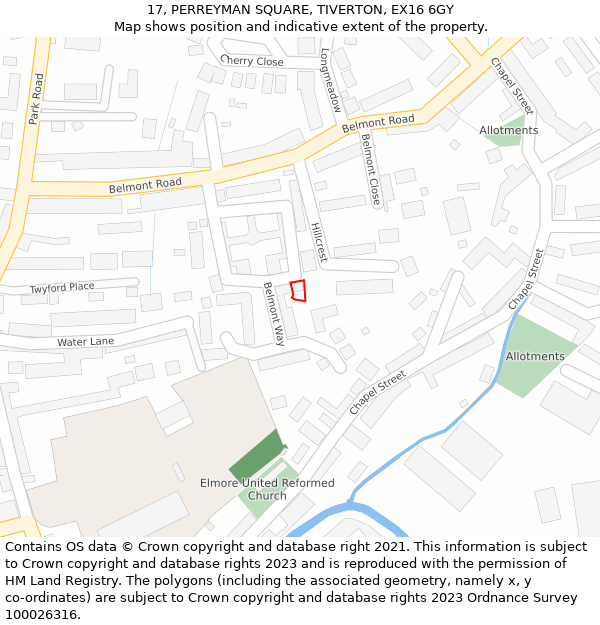 17, PERREYMAN SQUARE, TIVERTON, EX16 6GY: Location map and indicative extent of plot