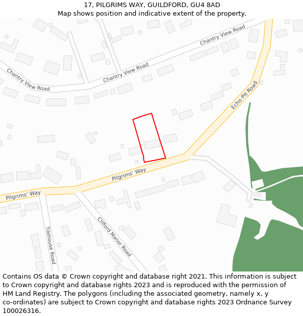 17, PILGRIMS WAY, GUILDFORD, GU4 8AD: Location map and indicative extent of plot