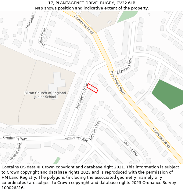 17, PLANTAGENET DRIVE, RUGBY, CV22 6LB: Location map and indicative extent of plot
