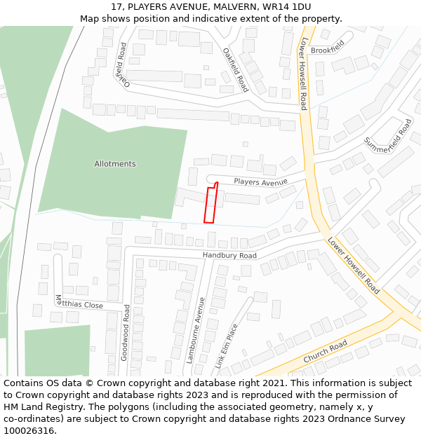 17, PLAYERS AVENUE, MALVERN, WR14 1DU: Location map and indicative extent of plot