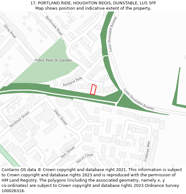 17, PORTLAND RIDE, HOUGHTON REGIS, DUNSTABLE, LU5 5FP: Location map and indicative extent of plot