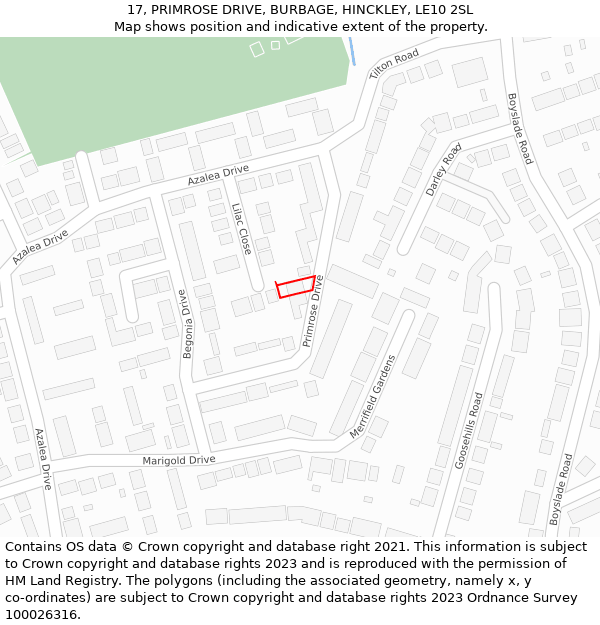 17, PRIMROSE DRIVE, BURBAGE, HINCKLEY, LE10 2SL: Location map and indicative extent of plot