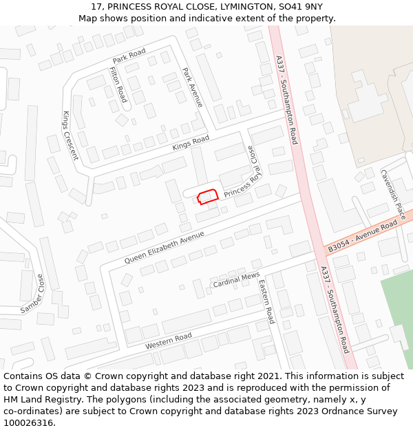 17, PRINCESS ROYAL CLOSE, LYMINGTON, SO41 9NY: Location map and indicative extent of plot