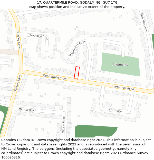 17, QUARTERMILE ROAD, GODALMING, GU7 1TG: Location map and indicative extent of plot