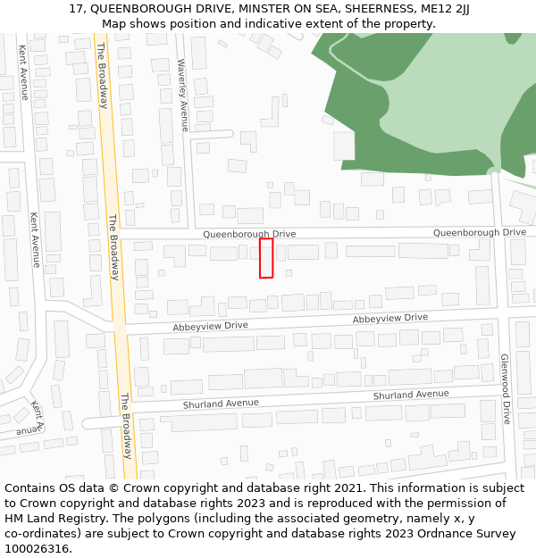 17, QUEENBOROUGH DRIVE, MINSTER ON SEA, SHEERNESS, ME12 2JJ: Location map and indicative extent of plot