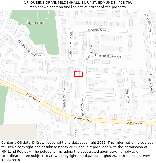 17, QUEENS DRIVE, MILDENHALL, BURY ST. EDMUNDS, IP28 7JW: Location map and indicative extent of plot
