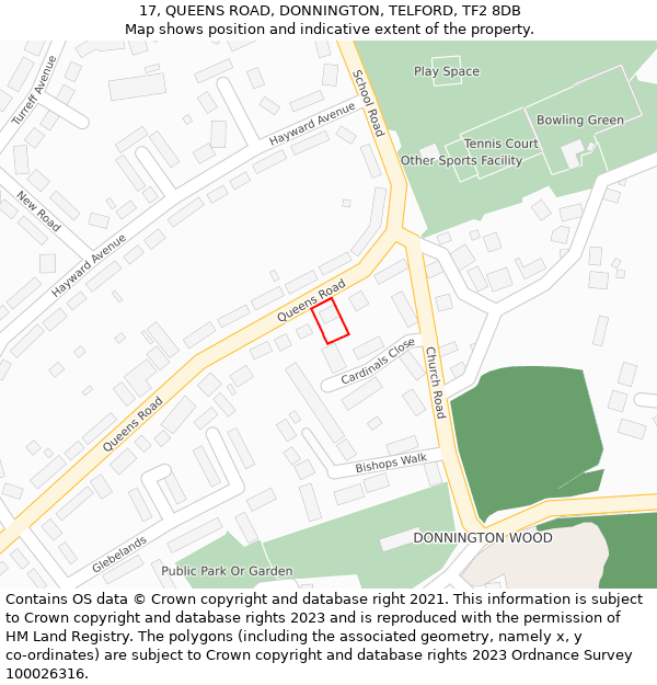 17, QUEENS ROAD, DONNINGTON, TELFORD, TF2 8DB: Location map and indicative extent of plot