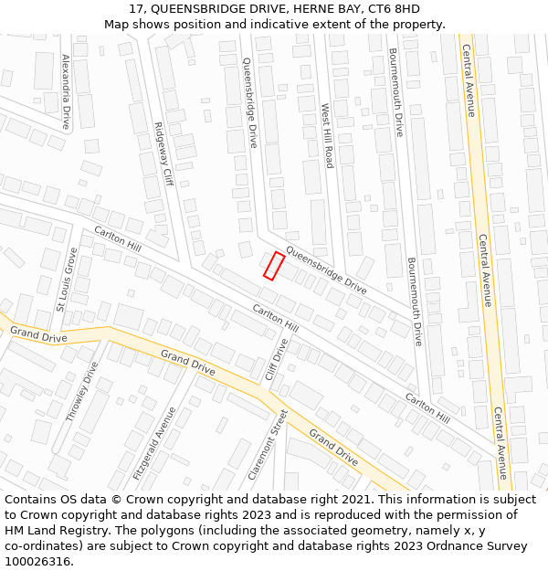 17, QUEENSBRIDGE DRIVE, HERNE BAY, CT6 8HD: Location map and indicative extent of plot