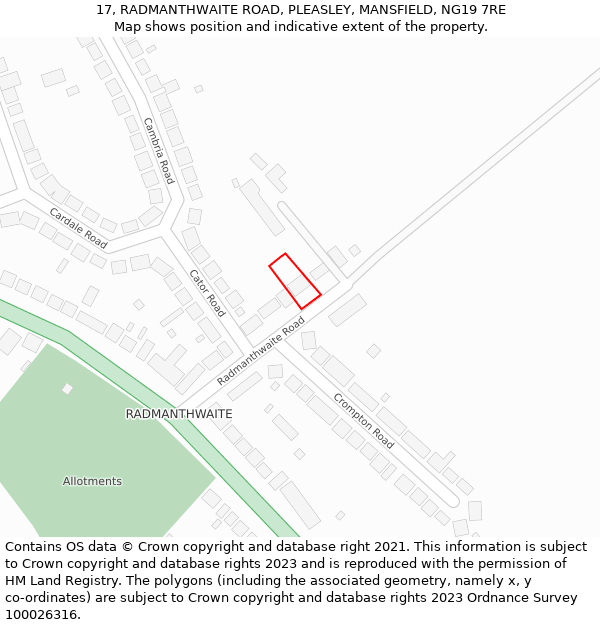 17, RADMANTHWAITE ROAD, PLEASLEY, MANSFIELD, NG19 7RE: Location map and indicative extent of plot