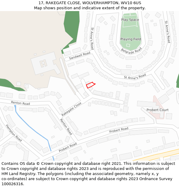 17, RAKEGATE CLOSE, WOLVERHAMPTON, WV10 6US: Location map and indicative extent of plot