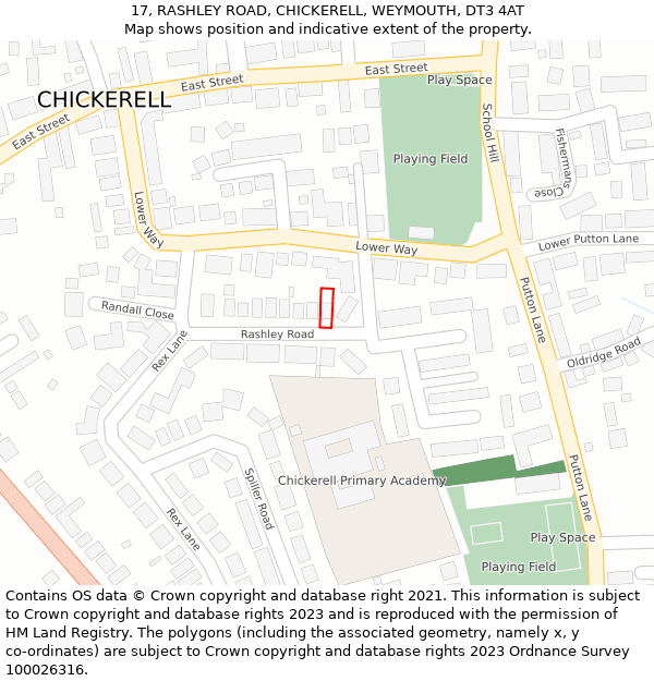 17, RASHLEY ROAD, CHICKERELL, WEYMOUTH, DT3 4AT: Location map and indicative extent of plot